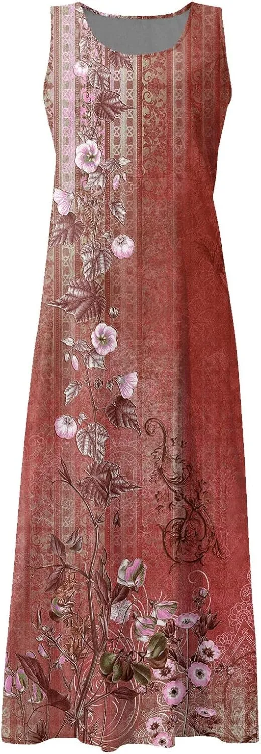 Women 2024 Summer Tank Dress Sleeveless U Neck Printed/Solid Boho Beach Shirt Maxi Flowy Linen Cotton Dresses with Pocket