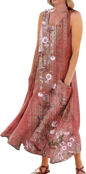 Women 2024 Summer Tank Dress Sleeveless U Neck Printed/Solid Boho Beach Shirt Maxi Flowy Linen Cotton Dresses with Pocket