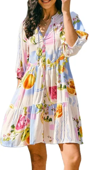 Women Boho Floral Short Dress Puff Sleeve Dresses for Women V Neck Loose Fit Shirt Dress Bohemian Mini Sundress