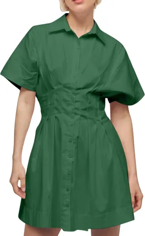 Women Button Front Pleated Striped Shirt Dress Short Sleeve Pleated Blouse Mini Dress Dark Green