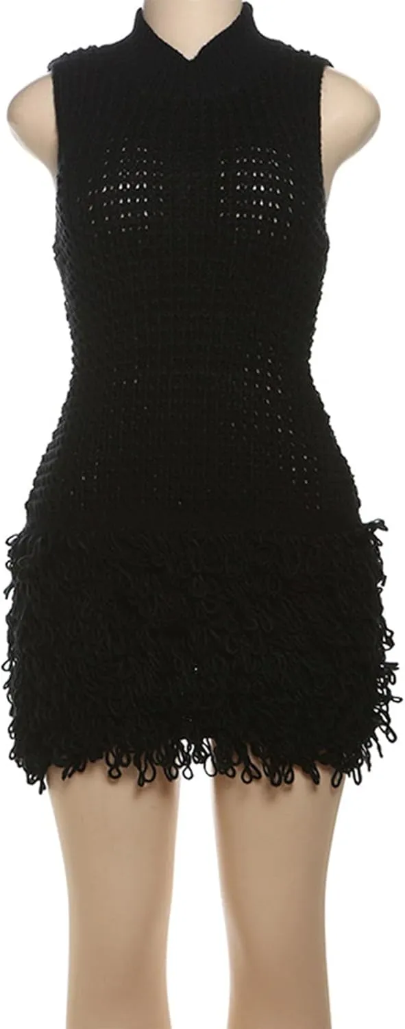 Women Crochet Fringe Mini Dress Sexy Sleeveless Hollow Out Bodycon Brithday Party Knit Tassel Dresses