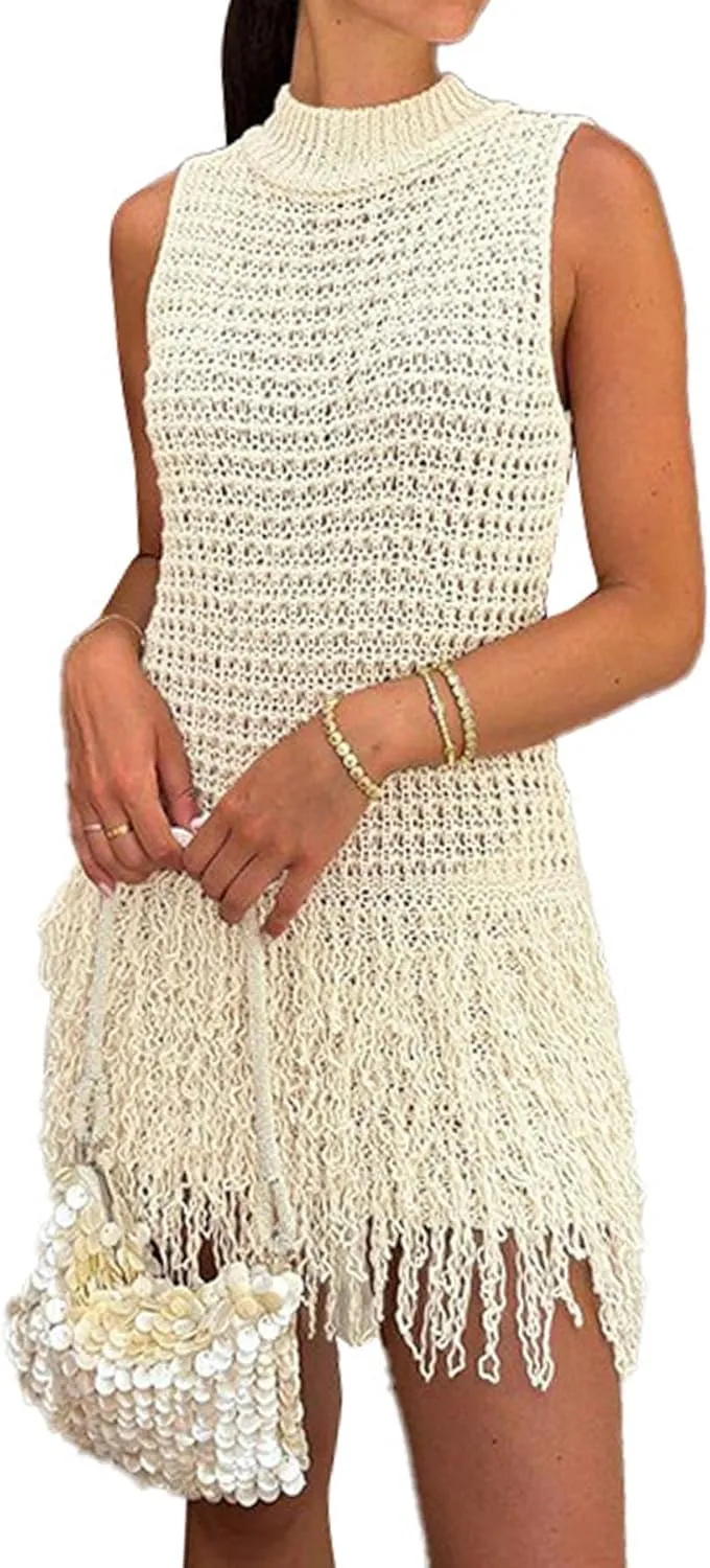 Women Crochet Fringe Mini Dress Sexy Sleeveless Hollow Out Bodycon Brithday Party Knit Tassel Dresses