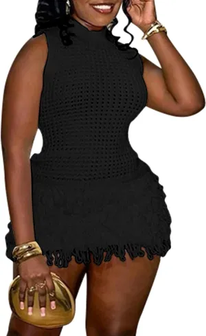 Women Crochet Fringe Mini Dress Sexy Sleeveless Hollow Out Bodycon Brithday Party Knit Tassel Dresses