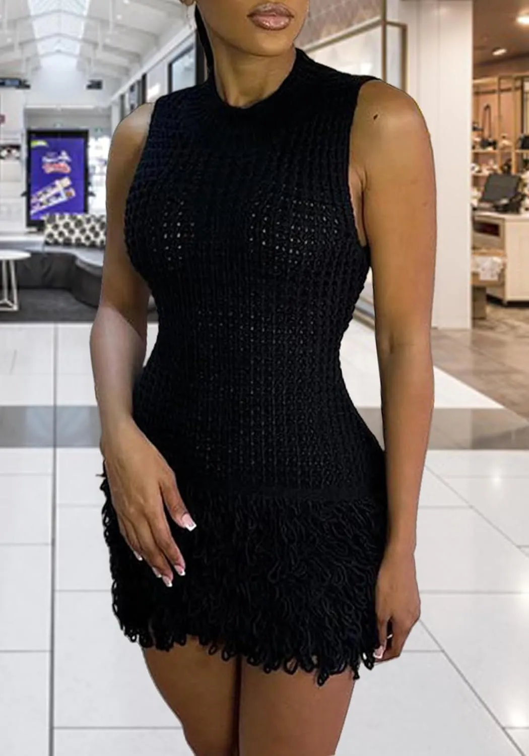 Women Crochet Fringe Mini Dress Sexy Sleeveless Hollow Out Bodycon Brithday Party Knit Tassel Dresses
