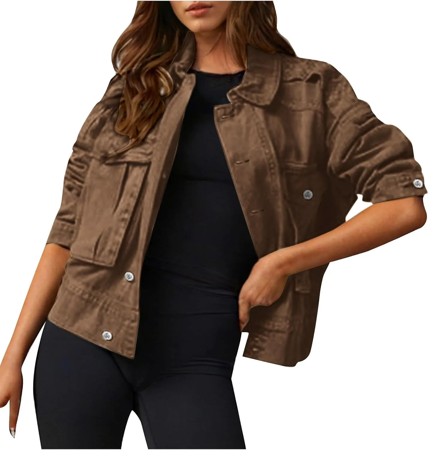 Women Cropped Denim Jackets Military Safari Button Up Lightweight Oversized Utility Anorak Cargo Jackets with Pockets