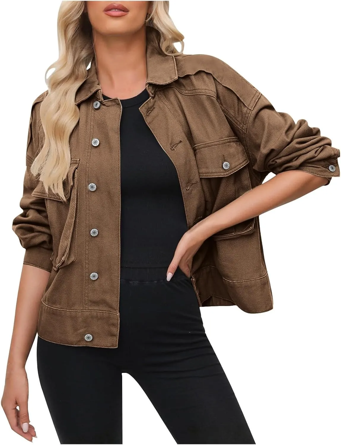 Women Cropped Denim Jackets Military Safari Button Up Lightweight Oversized Utility Anorak Cargo Jackets with Pockets