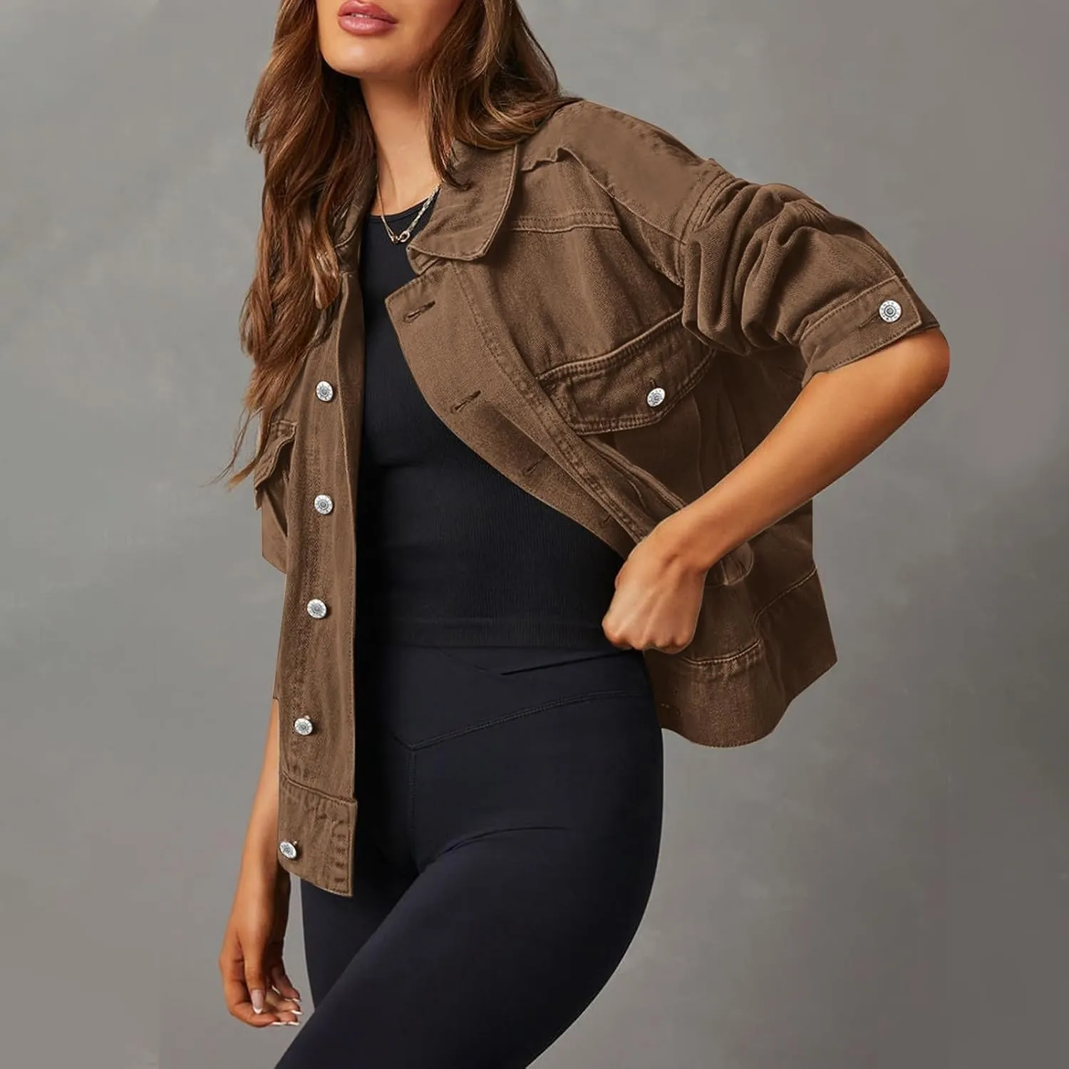 Women Cropped Denim Jackets Military Safari Button Up Lightweight Oversized Utility Anorak Cargo Jackets with Pockets