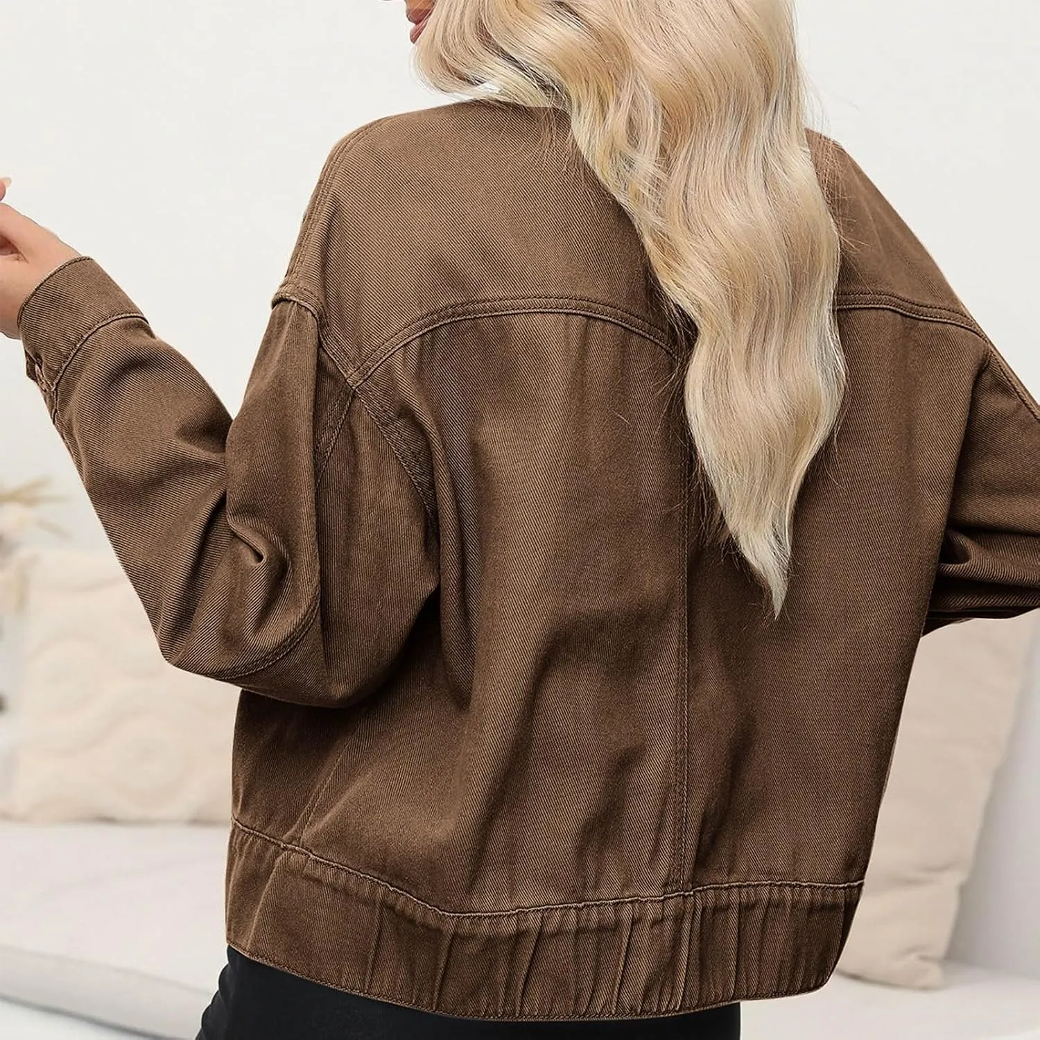 Women Cropped Denim Jackets Military Safari Button Up Lightweight Oversized Utility Anorak Cargo Jackets with Pockets