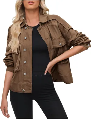 Women Cropped Denim Jackets Military Safari Button Up Lightweight Oversized Utility Anorak Cargo Jackets with Pockets