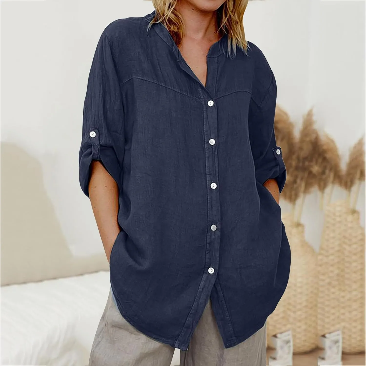 Women Denim Shirts Chambray Casual V Neck Collared Jean Western Blouses Oversized Long Sleeve Button Down Tops