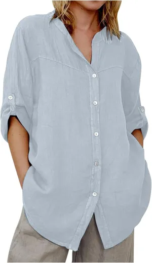 Women Denim Shirts Chambray Casual V Neck Collared Jean Western Blouses Oversized Long Sleeve Button Down Tops
