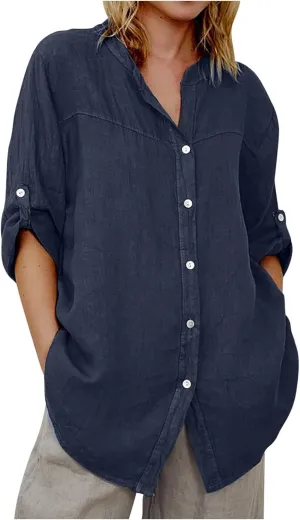 Women Denim Shirts Chambray Casual V Neck Collared Jean Western Blouses Oversized Long Sleeve Button Down Tops