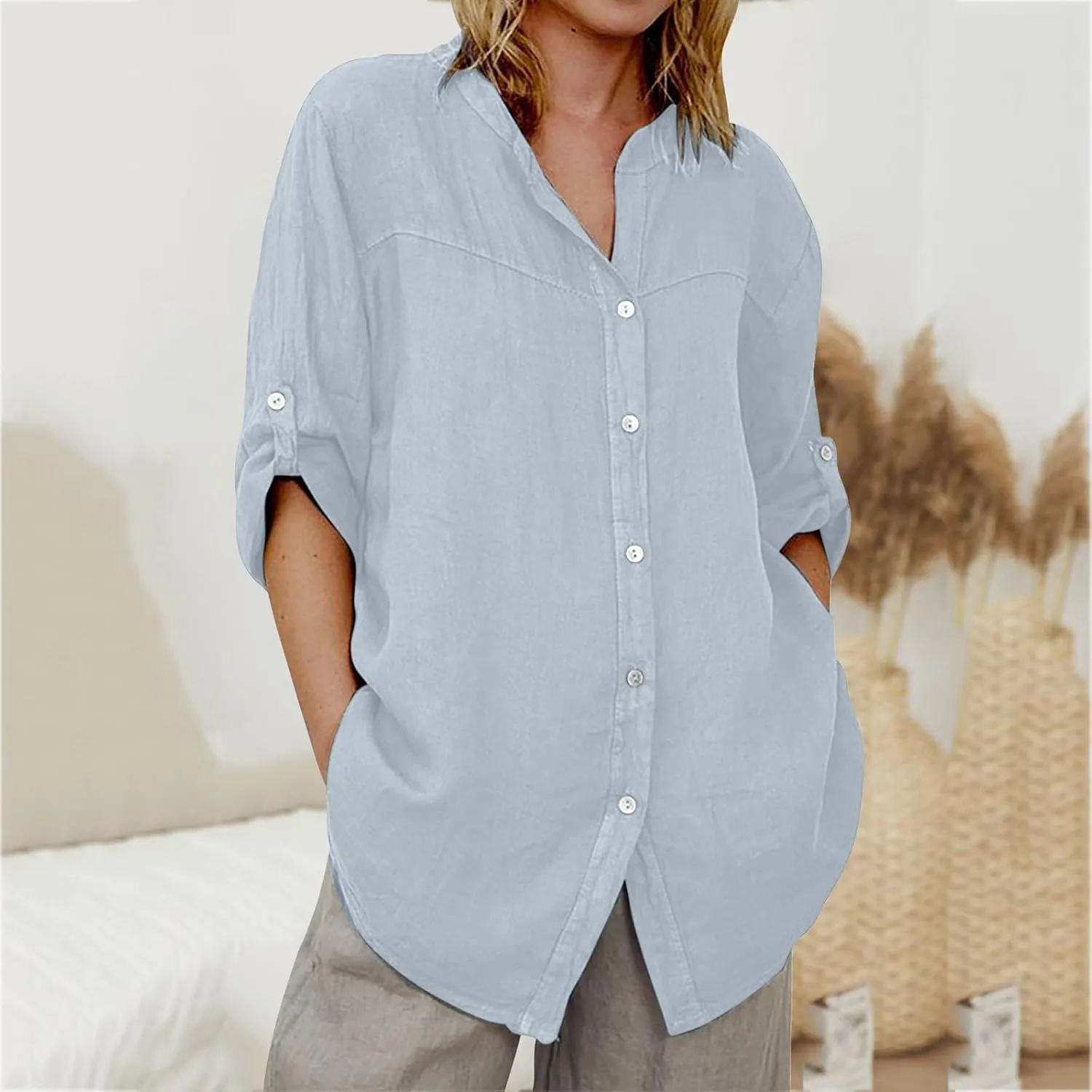 Women Denim Shirts Chambray Casual V Neck Collared Jean Western Blouses Oversized Long Sleeve Button Down Tops