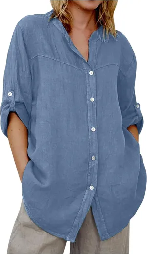 Women Denim Shirts Chambray Casual V Neck Collared Jean Western Blouses Oversized Long Sleeve Button Down Tops