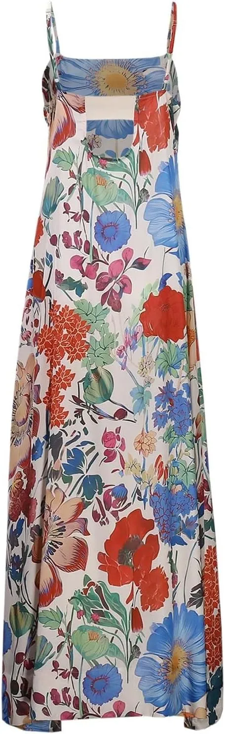 Women Floral Maxi Dress Sexy Sleeveless Backless Summer Flowy Long Dress Spaghetti Strap A-Line Back Cut Out Sundress