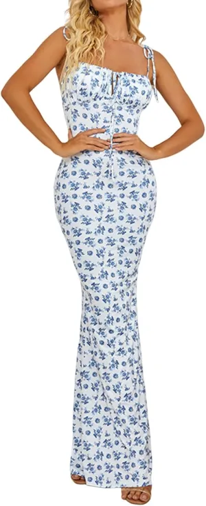 Women Floral Printed Spaghetti Strap Maxi Dress Long Dress Backless Tie Shoulder Mermaid Dress