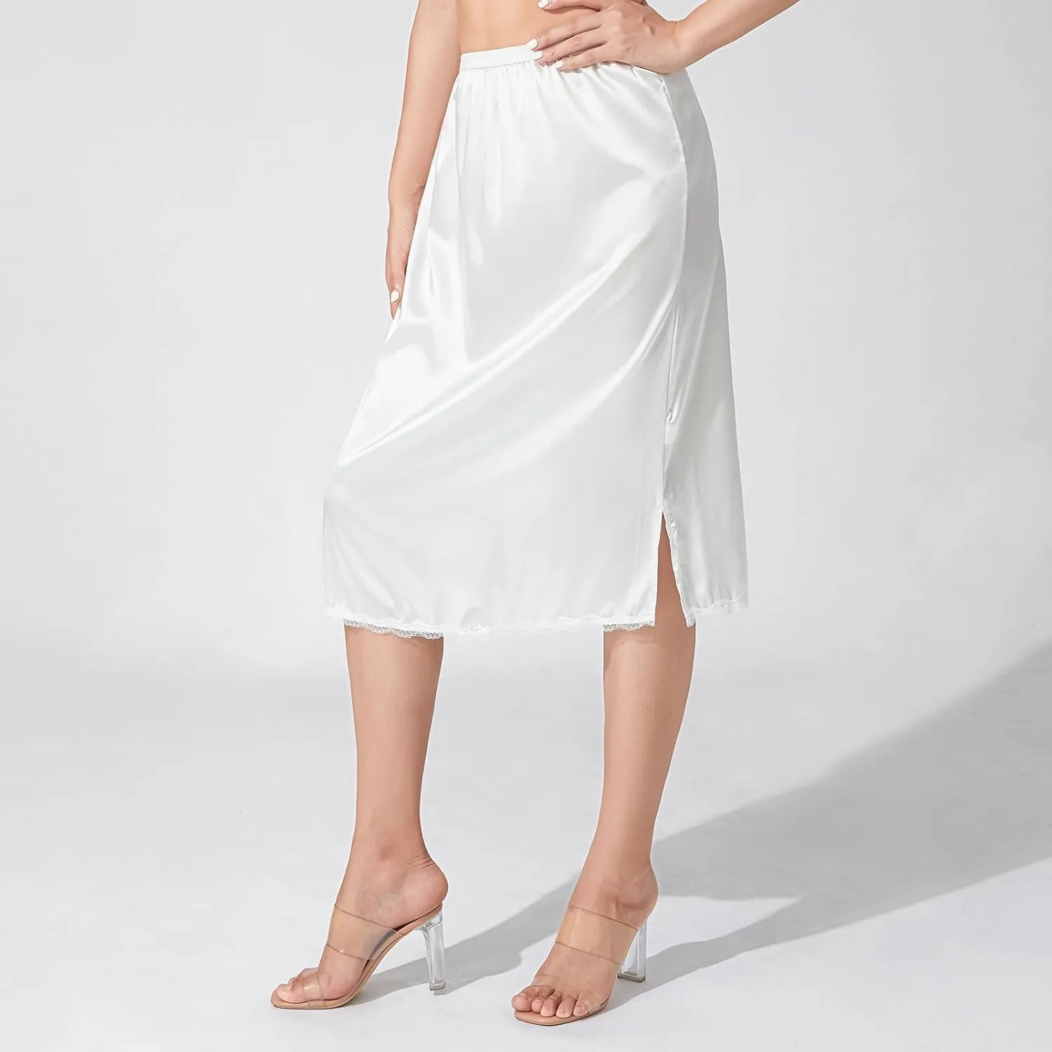 Women Half Slip Underskirt Solid Color Lace Trim Slik Satin Petticoat Short Slip Short Slit Mini Skirt Underdress