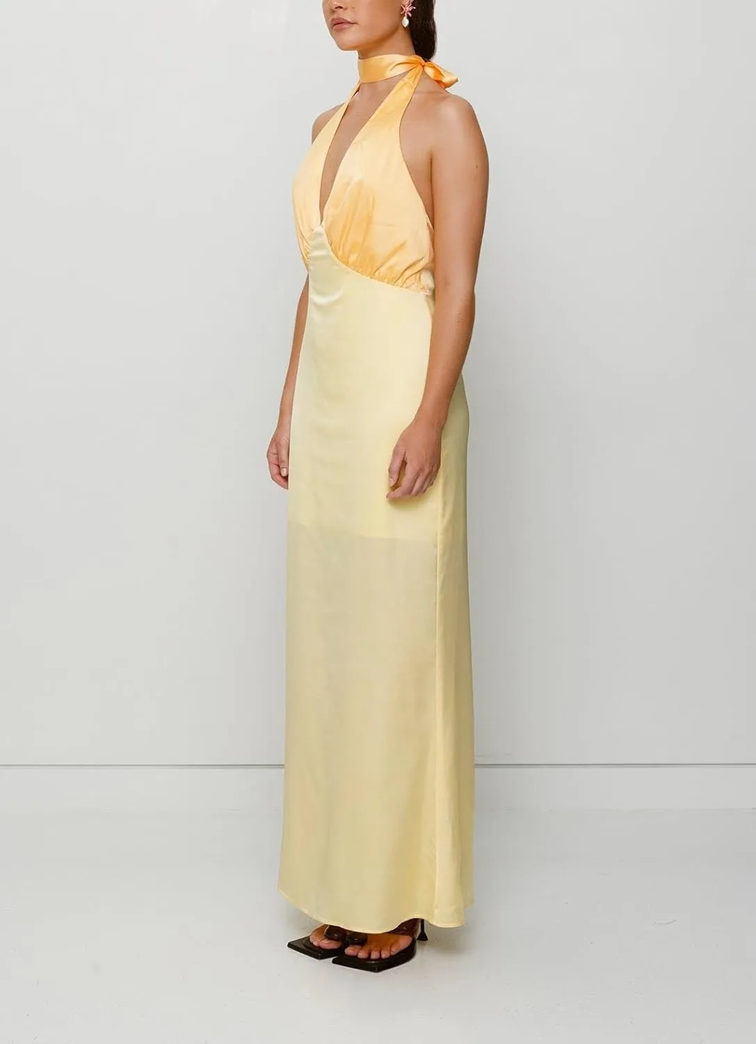 Women Halter Satin Maxi Dress Backless Sleeveless V Neck Tie Cocktail Dress Elegant Silk Wedding Guest Dresses