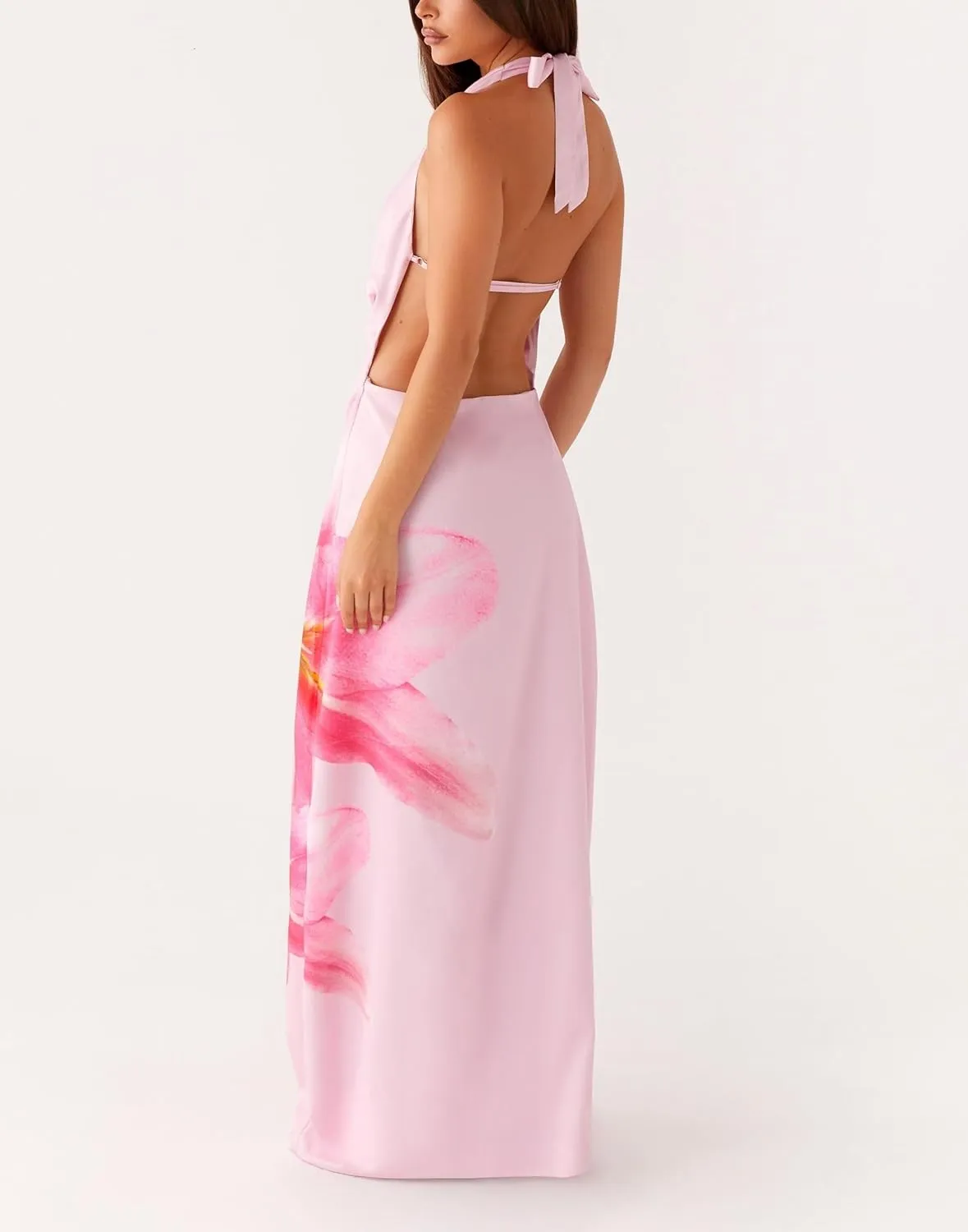 Women Halter Satin Maxi Dress Backless Sleeveless V Neck Tie Cocktail Dress Elegant Silk Wedding Guest Dresses