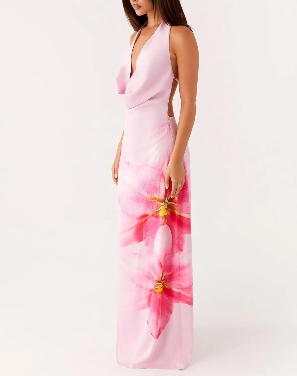 Women Halter Satin Maxi Dress Backless Sleeveless V Neck Tie Cocktail Dress Elegant Silk Wedding Guest Dresses