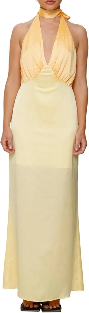 Women Halter Satin Maxi Dress Backless Sleeveless V Neck Tie Cocktail Dress Elegant Silk Wedding Guest Dresses