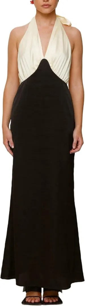 Women Halter Satin Maxi Dress Backless Sleeveless V Neck Tie Cocktail Dress Elegant Silk Wedding Guest Dresses