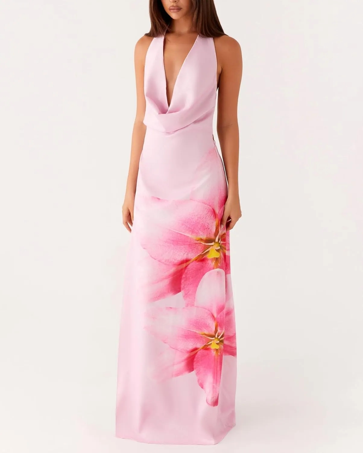 Women Halter Satin Maxi Dress Backless Sleeveless V Neck Tie Cocktail Dress Elegant Silk Wedding Guest Dresses