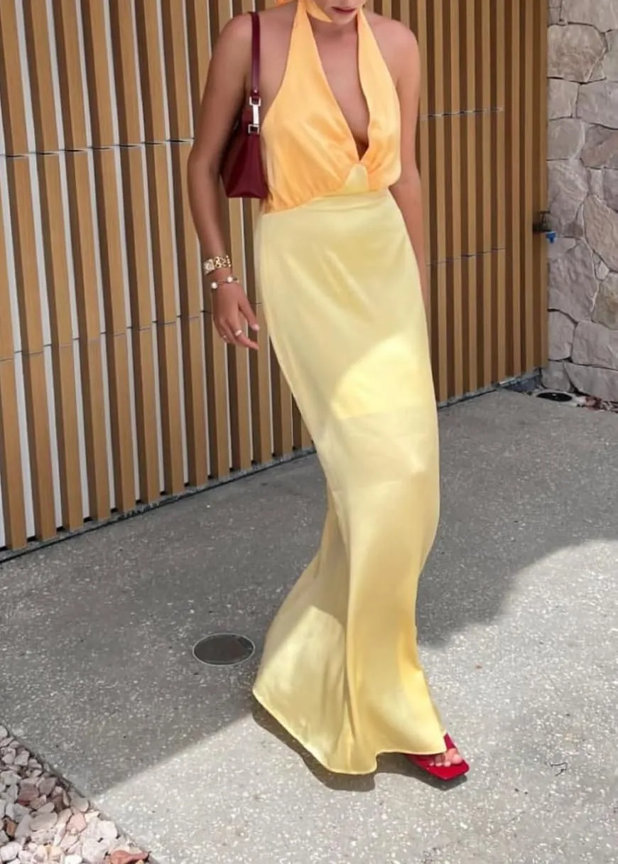 Women Halter Satin Maxi Dress Backless Sleeveless V Neck Tie Cocktail Dress Elegant Silk Wedding Guest Dresses