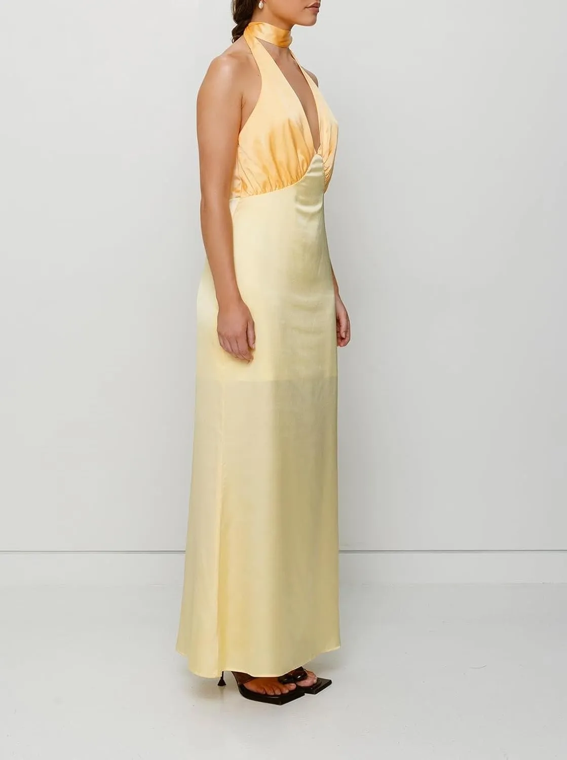 Women Halter Satin Maxi Dress Backless Sleeveless V Neck Tie Cocktail Dress Elegant Silk Wedding Guest Dresses