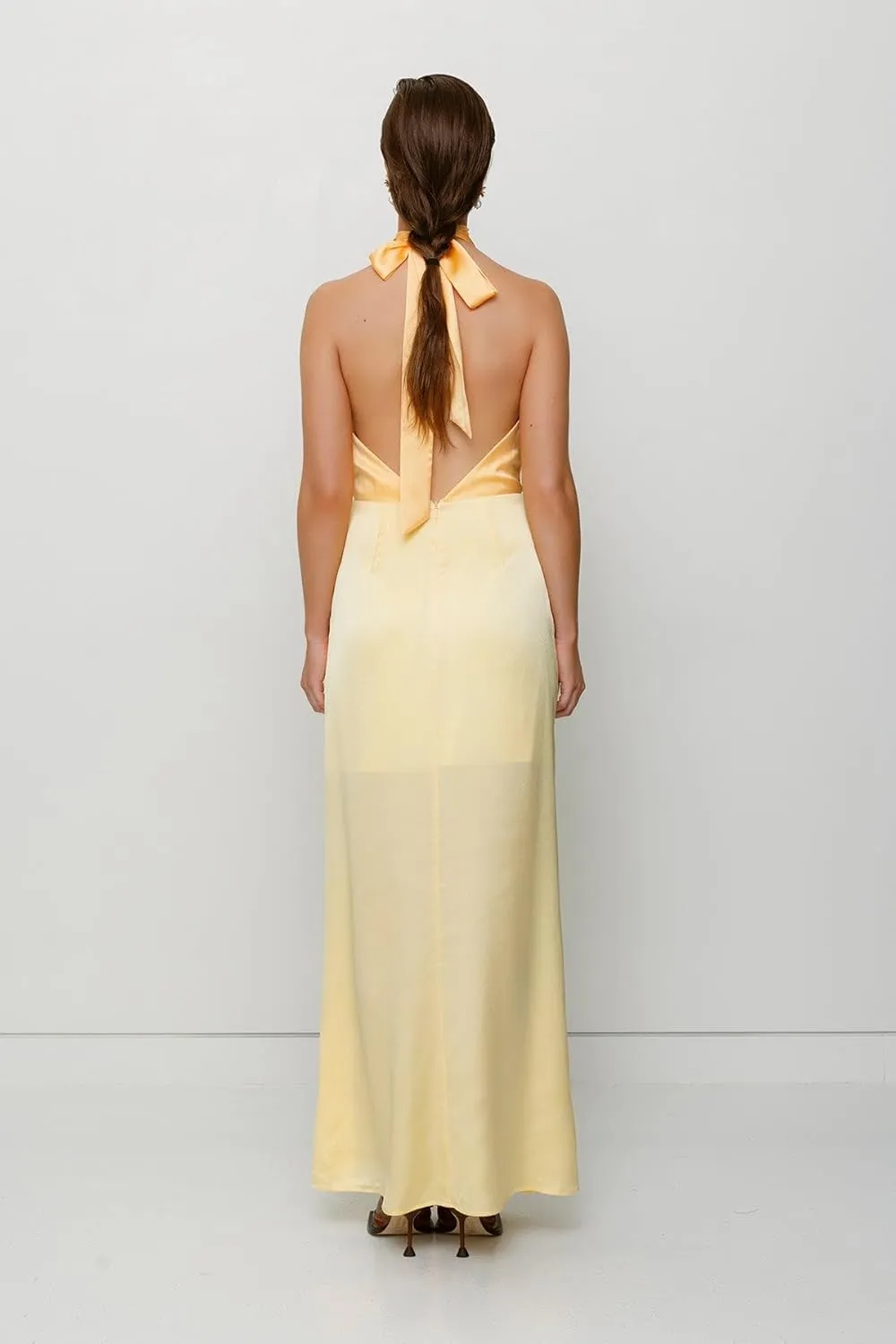 Women Halter Satin Maxi Dress Backless Sleeveless V Neck Tie Cocktail Dress Elegant Silk Wedding Guest Dresses
