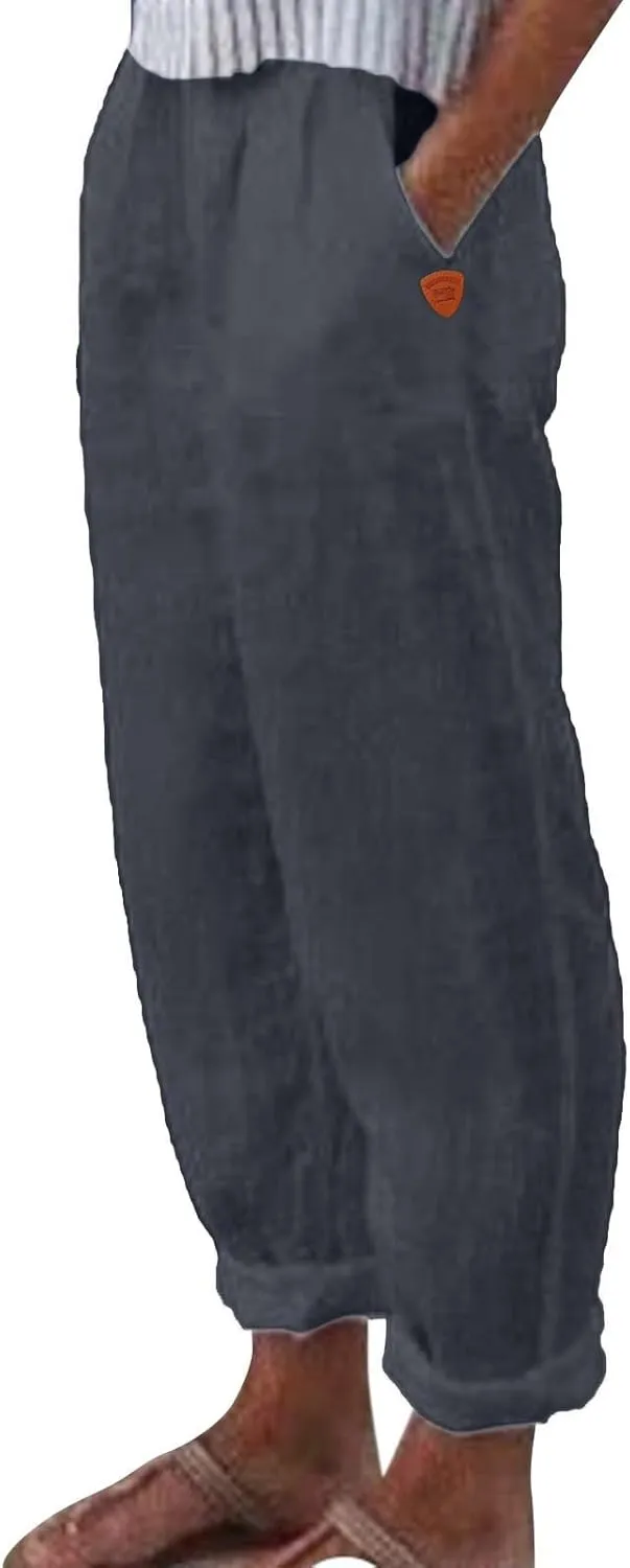 Women Linen Cotton Blend Pants Straight Leg Summer Cotton Casual High Waist Elastic Linen Beach Pants