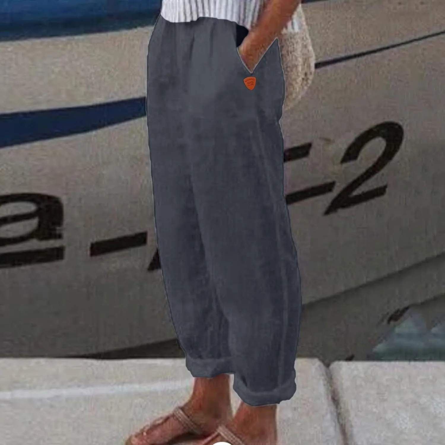 Women Linen Cotton Blend Pants Straight Leg Summer Cotton Casual High Waist Elastic Linen Beach Pants