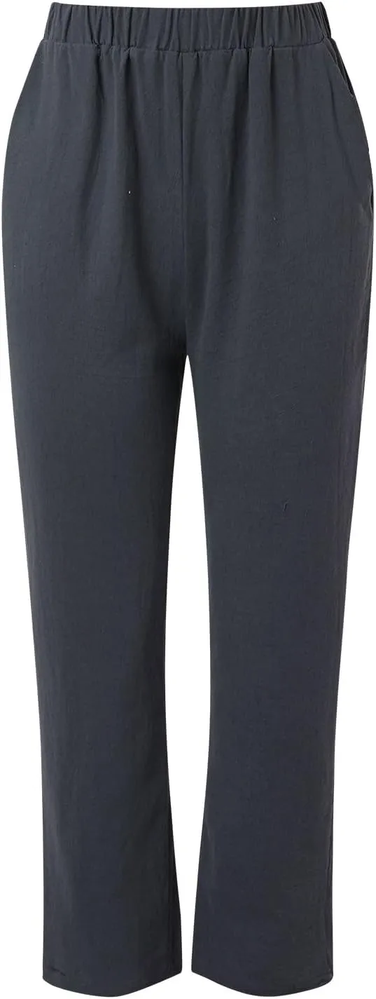 Women Linen Cotton Blend Pants Straight Leg Summer Cotton Casual High Waist Elastic Linen Beach Pants