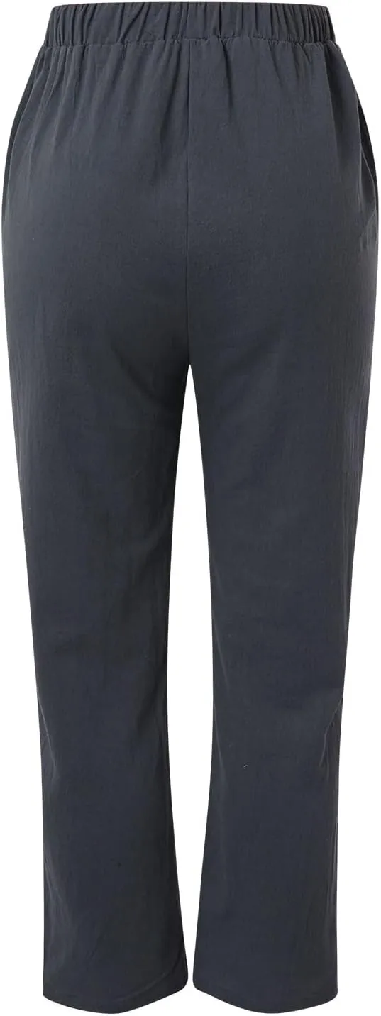 Women Linen Cotton Blend Pants Straight Leg Summer Cotton Casual High Waist Elastic Linen Beach Pants