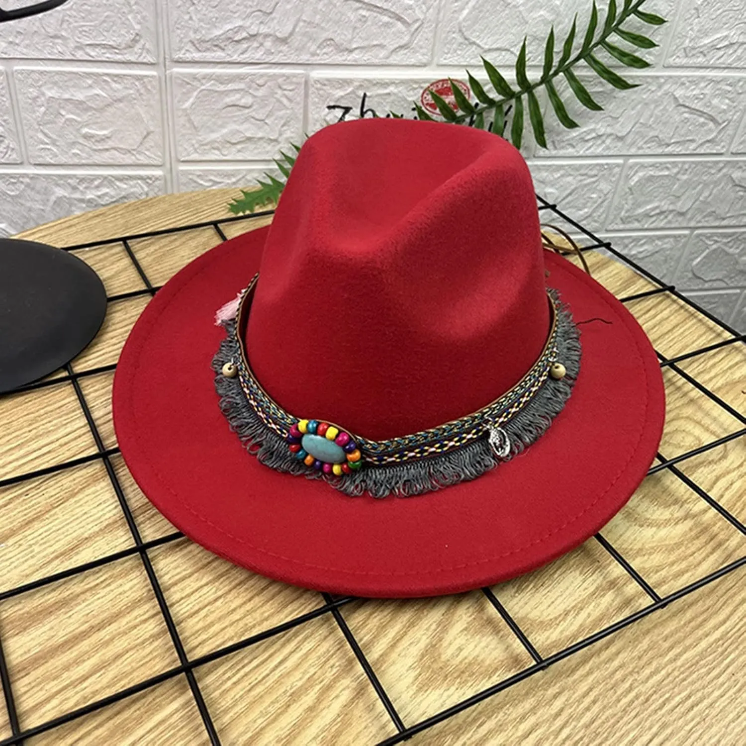 Women Men Vintage Wide Brim Warm Wool Fedora Hat Belt Panama Hat Solid Fall Winter Jazz Hat