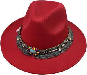 Women Men Vintage Wide Brim Warm Wool Fedora Hat Belt Panama Hat Solid Fall Winter Jazz Hat