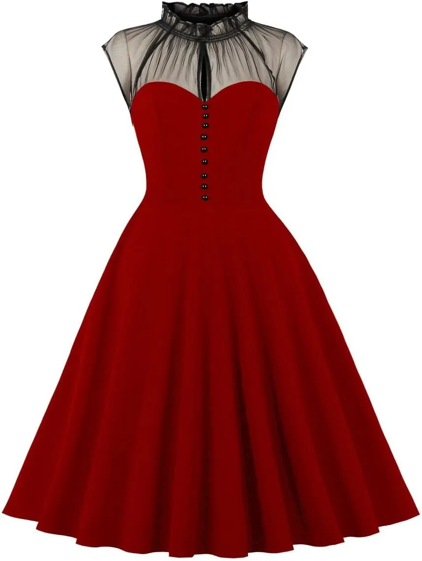 Women Mesh Floral Embroidery Vintage Cocktail Swing Dress Illusion 50s Goth Flared A line Casual Wedding Prom Evening Dress