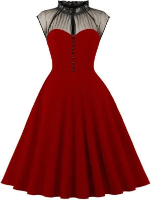 Women Mesh Floral Embroidery Vintage Cocktail Swing Dress Illusion 50s Goth Flared A line Casual Wedding Prom Evening Dress