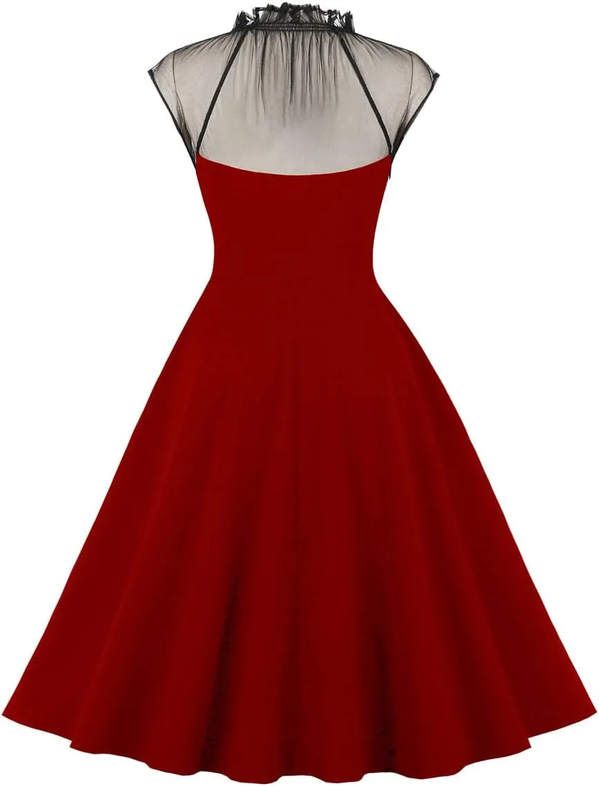 Women Mesh Floral Embroidery Vintage Cocktail Swing Dress Illusion 50s Goth Flared A line Casual Wedding Prom Evening Dress