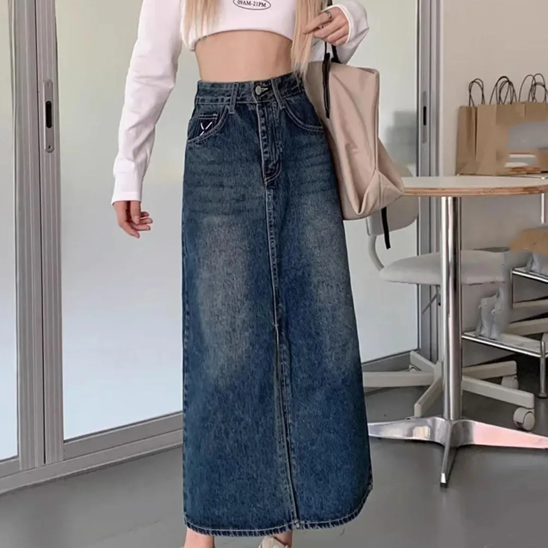 Women Plus Size Denim Skirt Pear-Shaped A-Line Medium-Length Side Slit Casual Cotton Semi Skirt