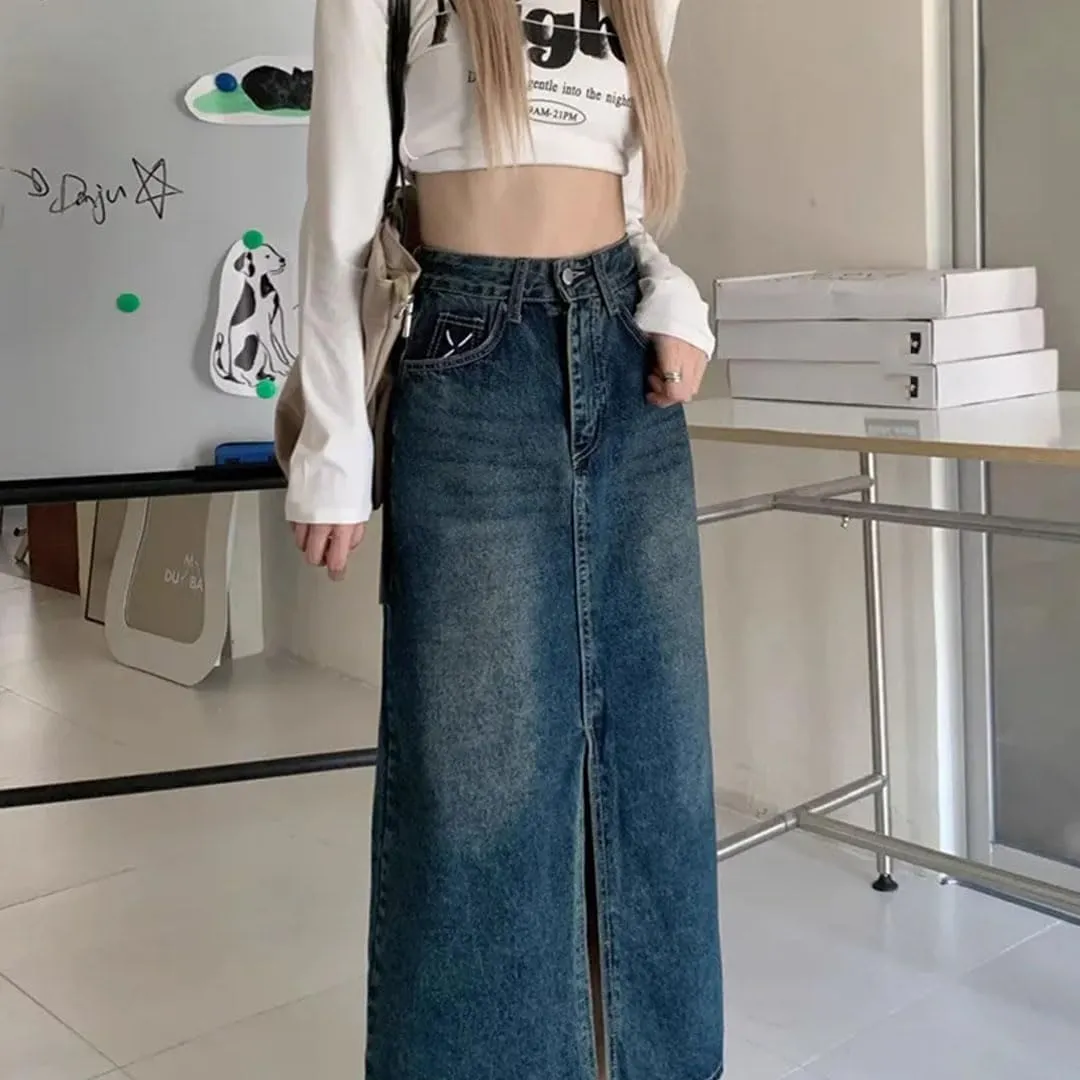 Women Plus Size Denim Skirt Pear-Shaped A-Line Medium-Length Side Slit Casual Cotton Semi Skirt