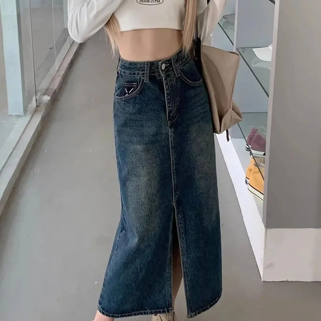 Women Plus Size Denim Skirt Pear-Shaped A-Line Medium-Length Side Slit Casual Cotton Semi Skirt
