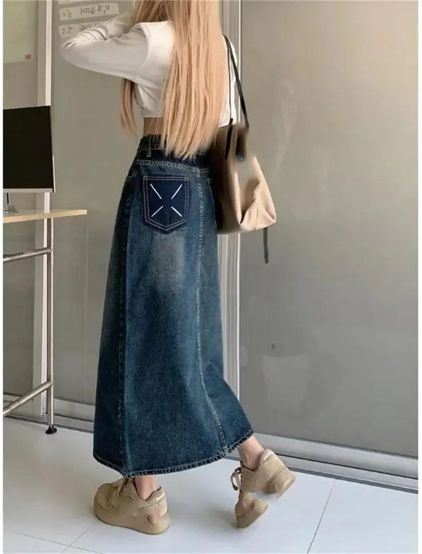 Women Plus Size Denim Skirt Pear-Shaped A-Line Medium-Length Side Slit Casual Cotton Semi Skirt