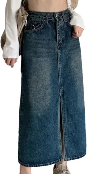 Women Plus Size Denim Skirt Pear-Shaped A-Line Medium-Length Side Slit Casual Cotton Semi Skirt