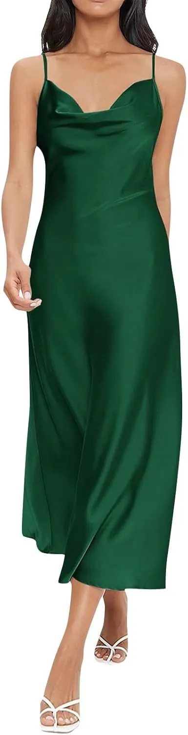 Women Satin Slip Midi Dress Cowl Neck Spaghetti Strap Silk Dress Elegant Cocktail Wedding Guest Evening Party Dresses