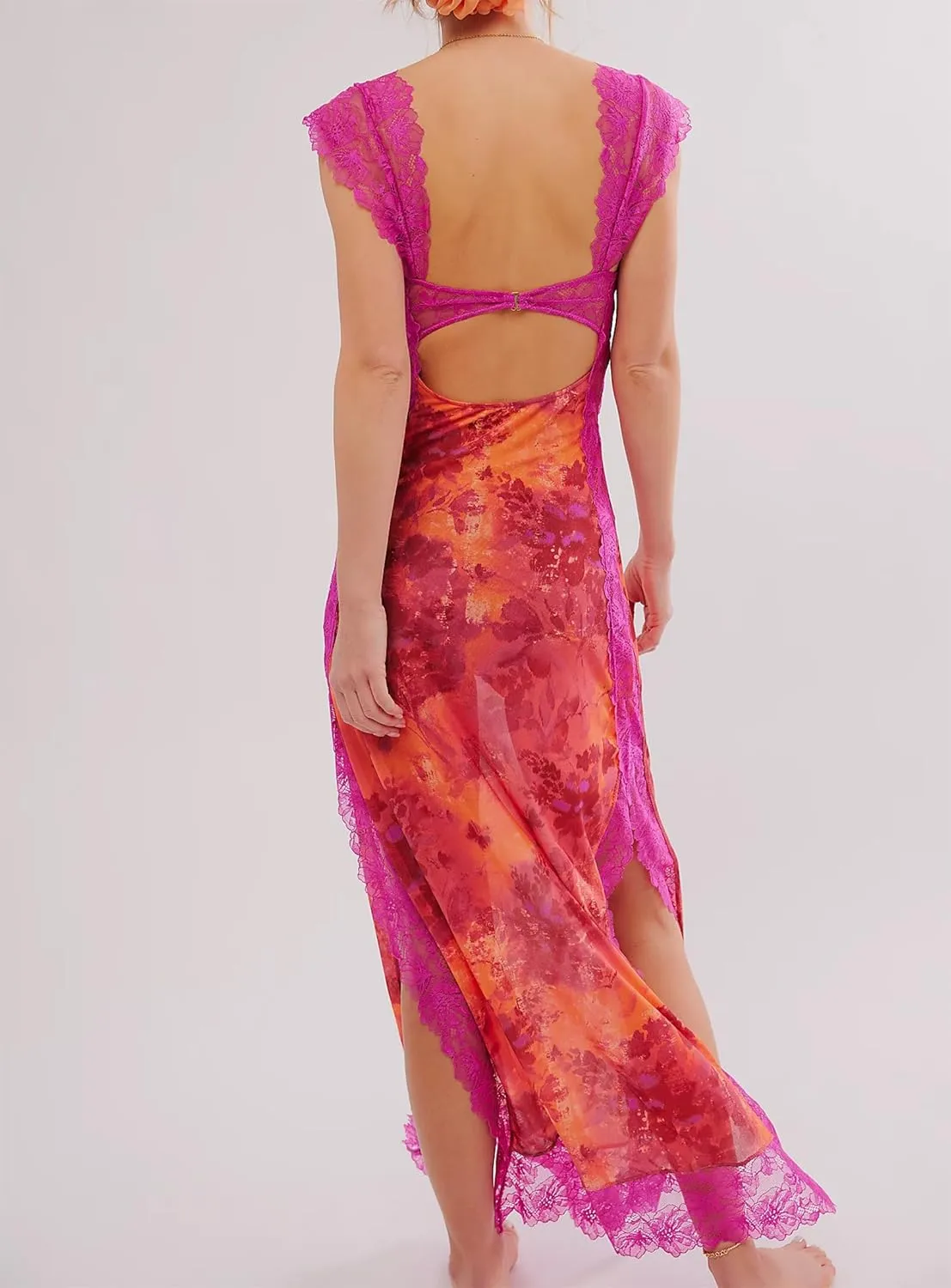 Women Sexy Lace Patchwork Mesh Dress Floral Print Cutout Sweetheart Neck Backless Slit Summer Maxi Dress