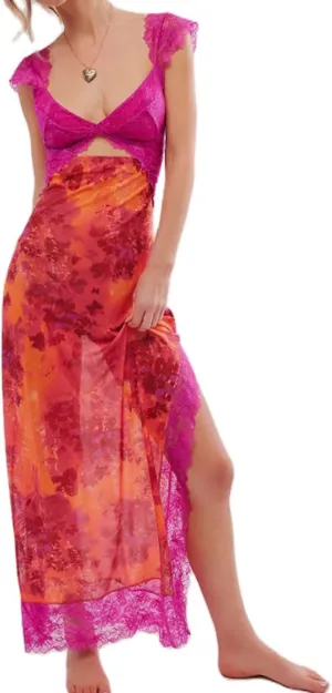 Women Sexy Lace Patchwork Mesh Dress Floral Print Cutout Sweetheart Neck Backless Slit Summer Maxi Dress