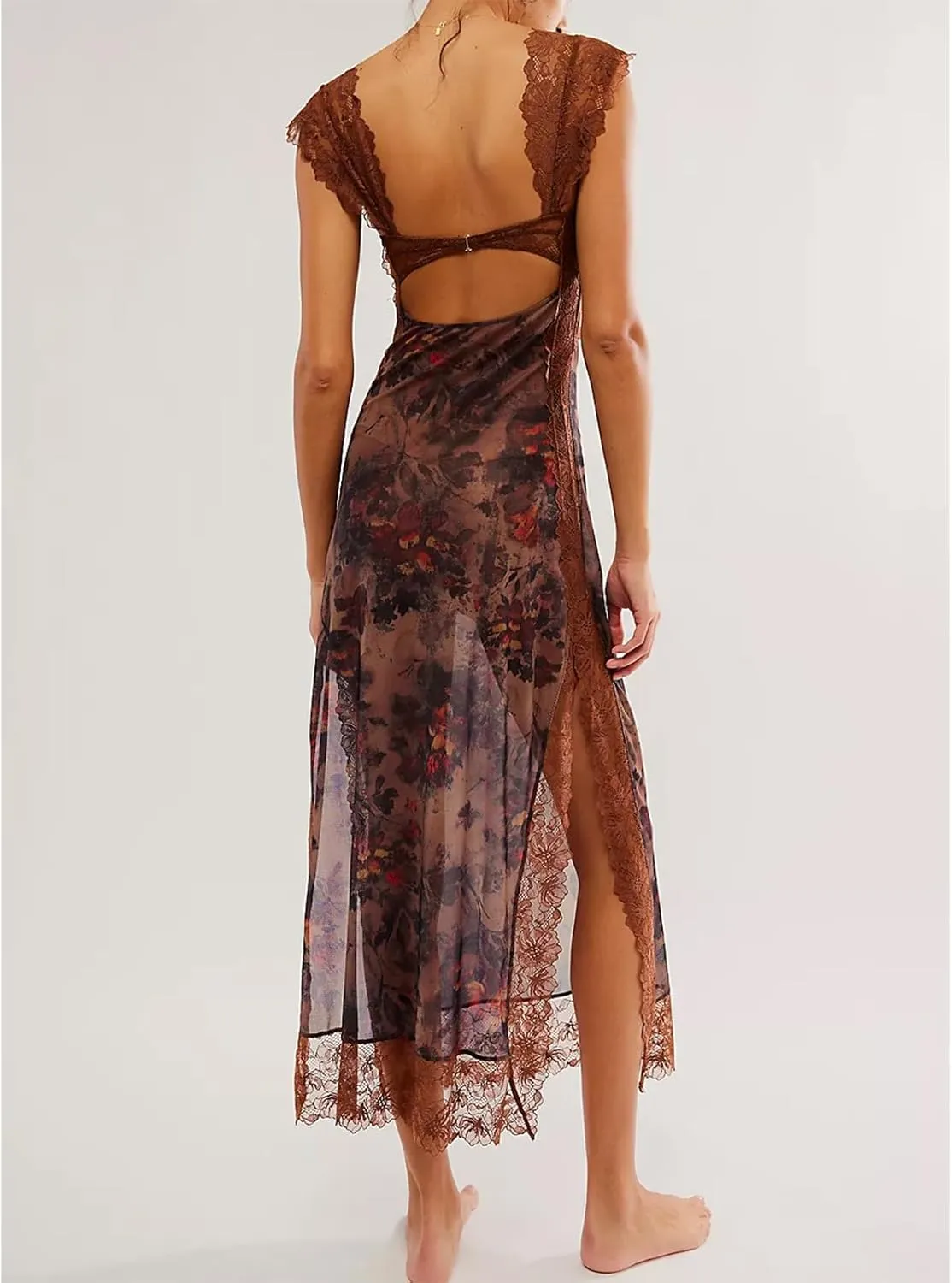 Women Sexy Lace Patchwork Mesh Dress Floral Print Cutout Sweetheart Neck Backless Slit Summer Maxi Dress
