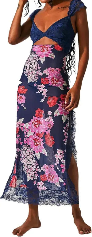 Women Sleeveless Maxi Dress Backless Bodycon Floral Printed Spaghetti Strap Long Dress Summer Lace Cutout Dress