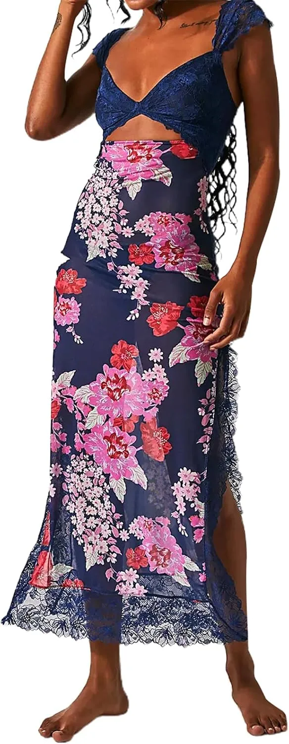 Women Sleeveless Maxi Dress Backless Bodycon Floral Printed Spaghetti Strap Long Dress Summer Lace Cutout Dress